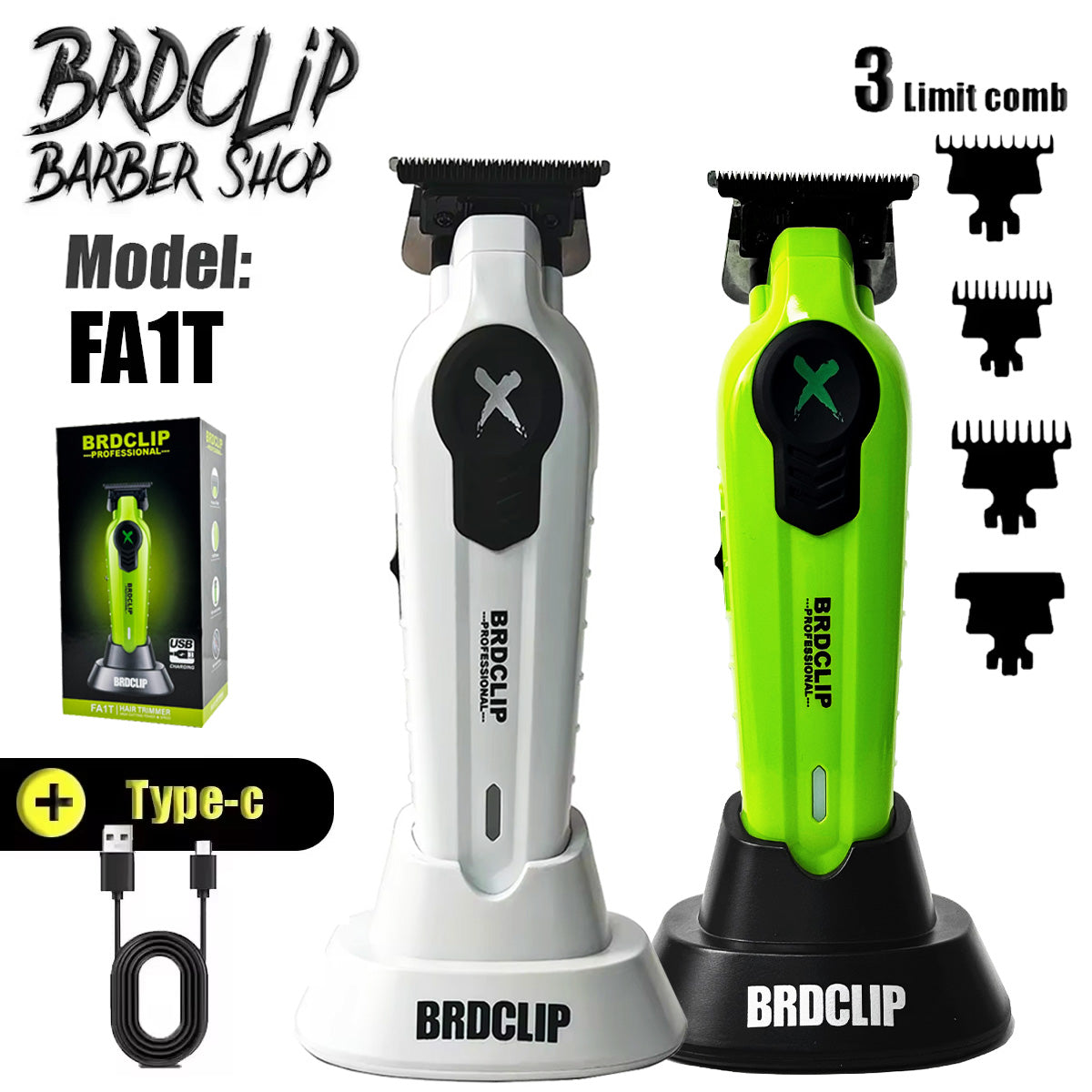 FA1T Green Hair Trimmer, Pro Electric Barber Clipper for Fading, Carving & Detailing with Charging Dock Included
