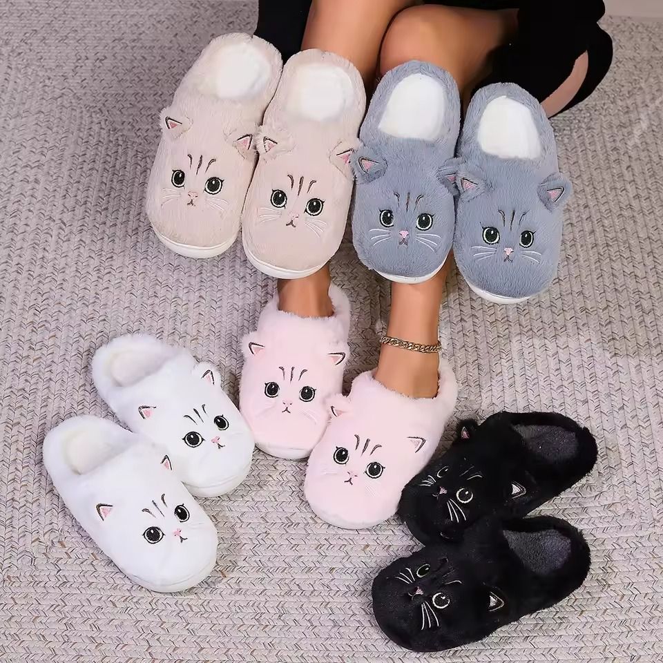 Kawaii Cartoon Cat Fuzzy Slippers for Women – Soft Cozy Plush Indoor Slippers with Durable Outsole