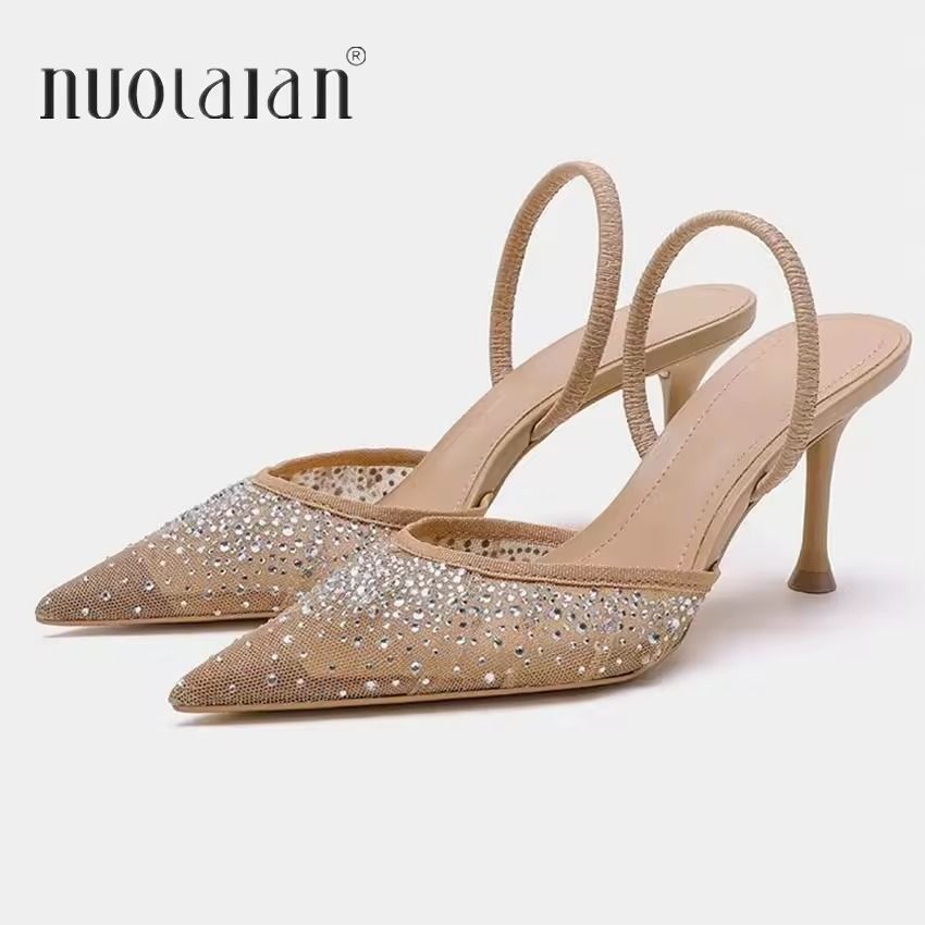 Womens Summer Mesh High Heel Sandals Elegant Rhinestone Slip On Slingback Party Pumps