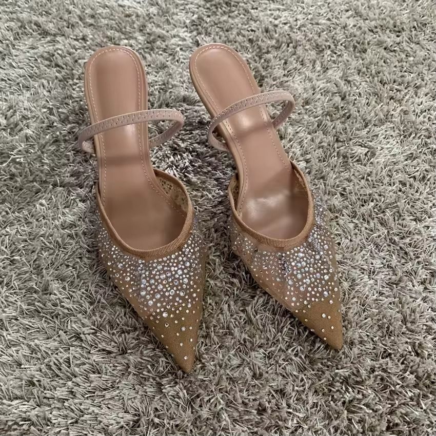 Womens Summer Mesh High Heel Sandals Elegant Rhinestone Slip On Slingback Party Pumps 2