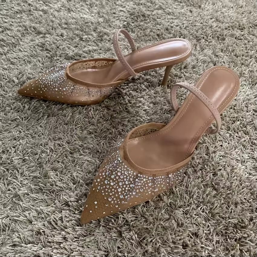 Womens Summer Mesh High Heel Sandals Elegant Rhinestone Slip On Slingback Party Pumps 3