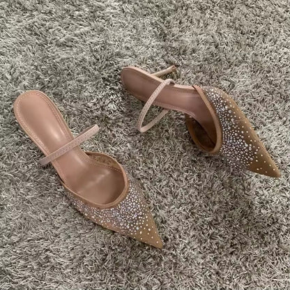 Womens Summer Mesh High Heel Sandals Elegant Rhinestone Slip On Slingback Party Pumps 4