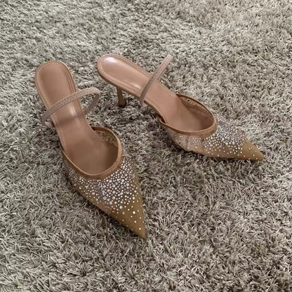Womens Summer Mesh High Heel Sandals Elegant Rhinestone Slip On Slingback Party Pumps 6