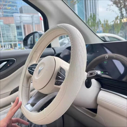Napa Leather Patchwork Steering Wheel Cover Non Slip Breathable Universal Fit 15 Inch