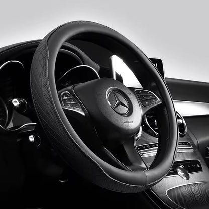 Napa Leather Patchwork Steering Wheel Cover Non Slip Breathable Universal Fit 15 Inch 3