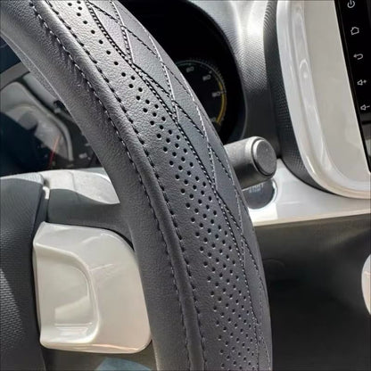 Napa Leather Patchwork Steering Wheel Cover Non Slip Breathable Universal Fit 15 Inch 5