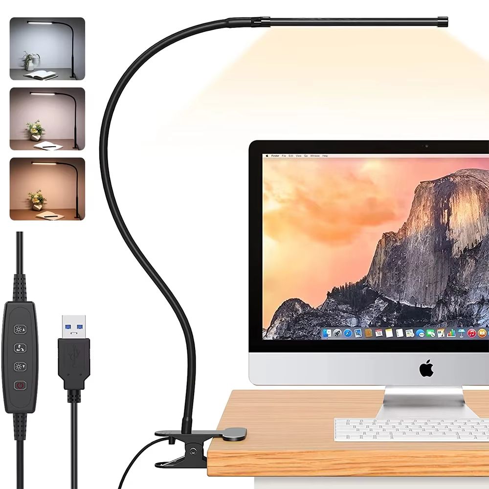 LED Clip On Desk Lamp with Clamp Dimmable USB Reading Light