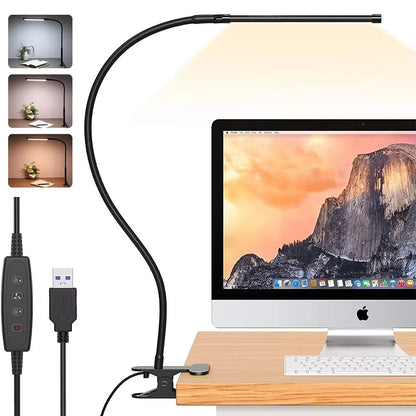 LED Clip On Desk Lamp with Clamp Dimmable USB Reading Light