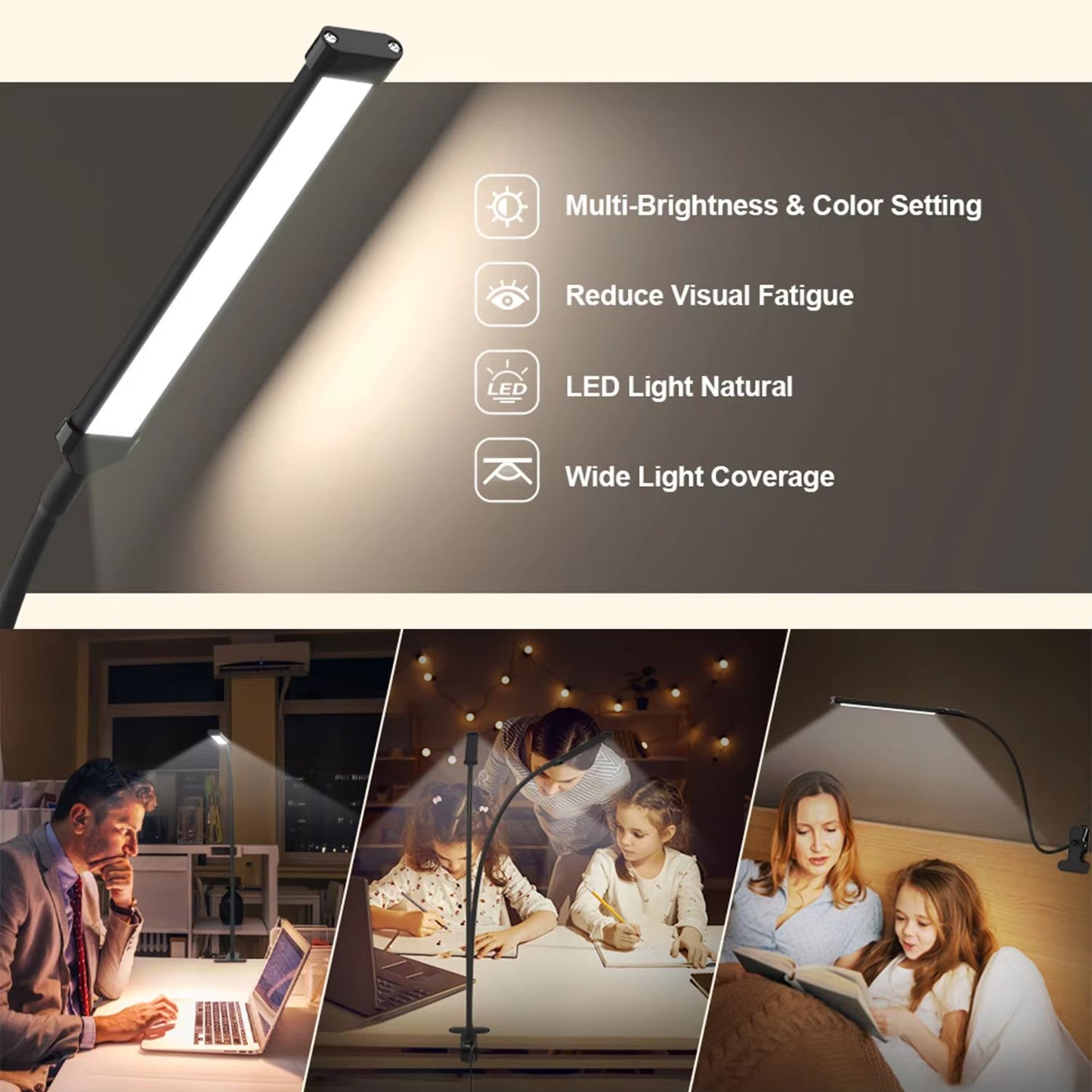 LED Clip On Desk Lamp With Clamp Dimmable USB Reading Light 1