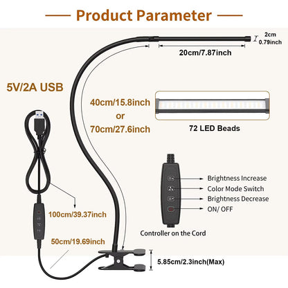 LED Clip On Desk Lamp With Clamp Dimmable USB Reading Light 4