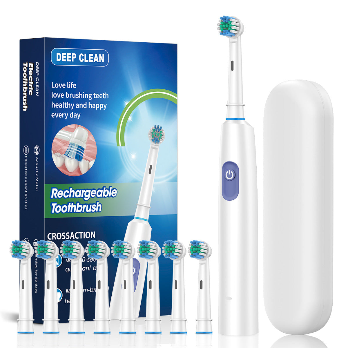 Rechargeable Electric Tooth Brush for Adults, Rotary Cleaning with 8 Brush Heads, 5 Modes, Long-Lasting Battery Power