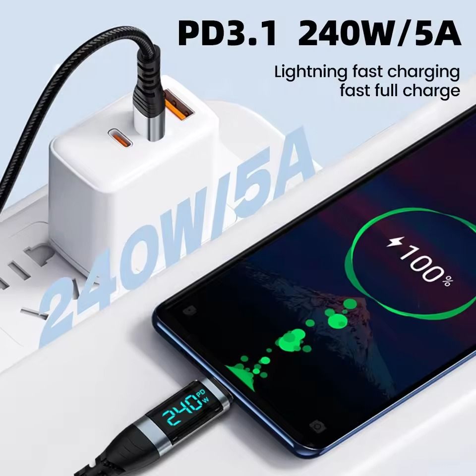 240W Type C To Type C Super Fast Charging Cable With Digital Display For IPhone Samsung Huawei 2