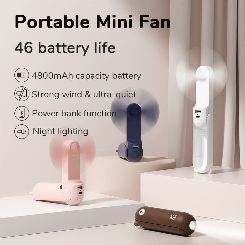 Portable Mini Handheld Fan USB Rechargeable, Fan with Power Bank & Flashlight, Compact Cooling for Travel & Camping