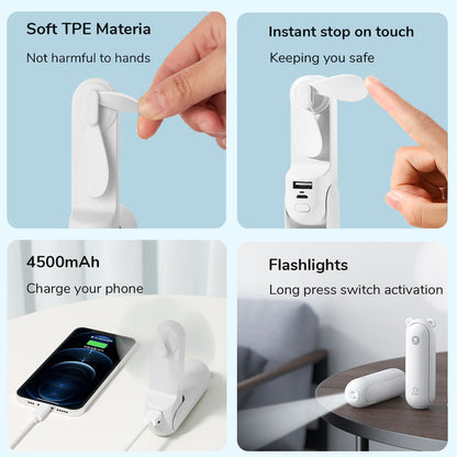 Portable Mini Handheld Fan USB Rechargeable, Fan with Power Bank & Flashlight, Compact Cooling for Travel & Camping