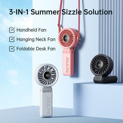 Handheld Neck Desk Fan with LED Display, 5 Speeds, Foldable Personal Portable Fan for Home, Office, or Outdoor Use