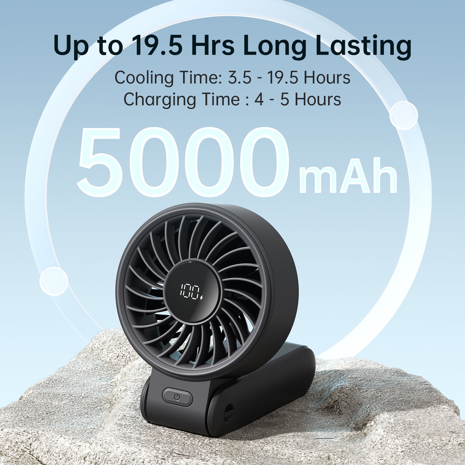 Handheld Neck Desk Fan with LED Display, 5 Speeds, Foldable Personal Portable Fan for Home, Office, or Outdoor Use