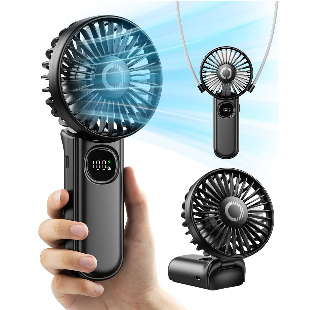 Portable Handheld Fan with LED Display, Foldable 3000mAh Rechargeable Battery Mini Fan for Outdoor, Beach & Travel