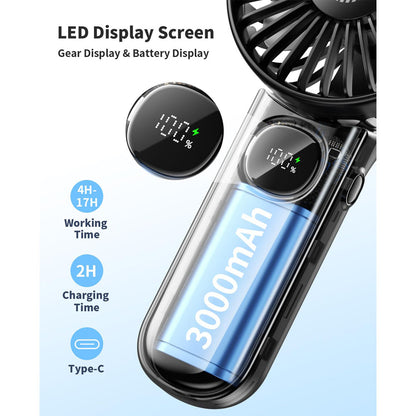Portable Handheld Fan with LED Display, Foldable 3000mAh Rechargeable Battery Mini Fan for Outdoor, Beach & Travel
