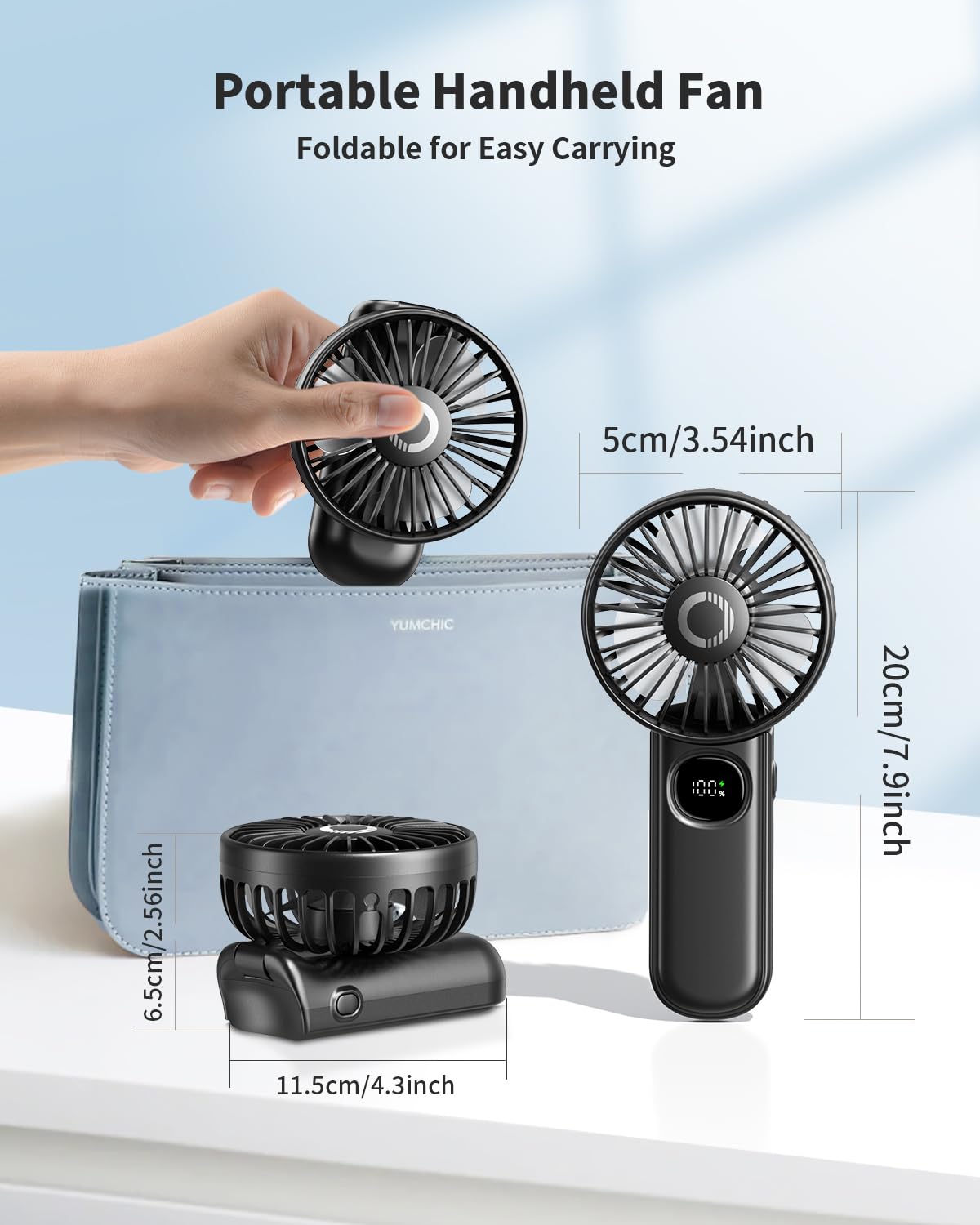 Portable Handheld Fan with LED Display, Foldable 3000mAh Rechargeable Battery Mini Fan for Outdoor, Beach & Travel