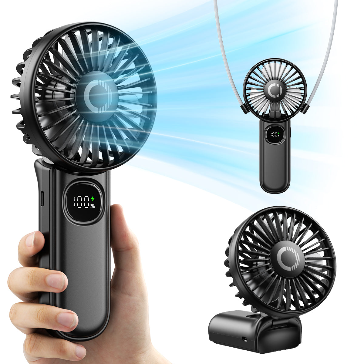 Portable Handheld Fan with LED Display, Foldable 3000mAh Rechargeable Battery Mini Fan for Outdoor, Beach & Travel