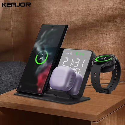 3-in-1 Wireless Charging Station with Alarm Clock for Samsung Galaxy Watch and Smartphones