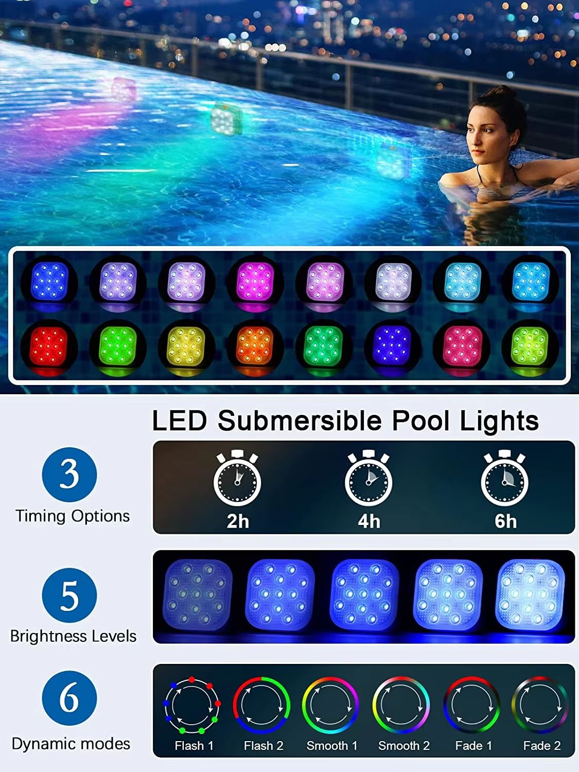 Rechargeable Underwater Pool Lights  RemoteControlled LED Submersible Lights With Timer  Color Chan 1