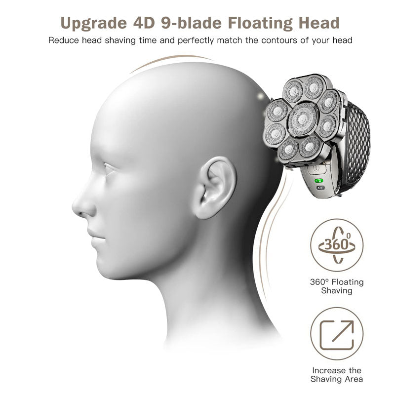 Rechargeable Men Bald Head Shaver with 9 Floating Blades, Beard, Nose & Ear Trimmer, Electric Razor, Facial Grooming kit
