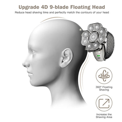 Rechargeable Men Bald Head Shaver with 9 Floating Blades, Beard, Nose & Ear Trimmer, Electric Razor, Facial Grooming kit
