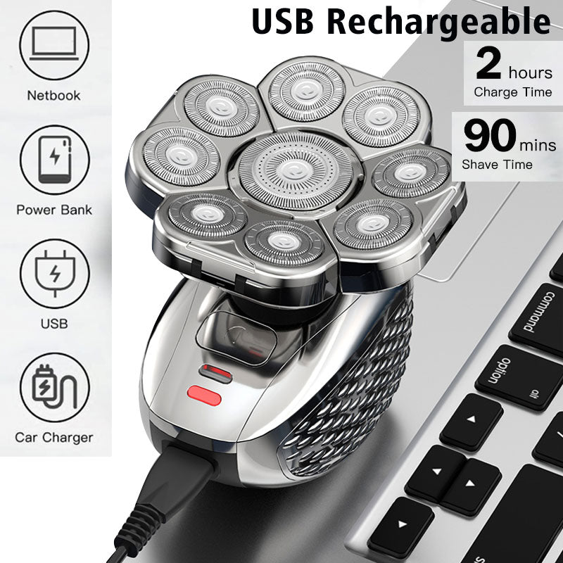 Rechargeable Men Bald Head Shaver with 9 Floating Blades, Beard, Nose & Ear Trimmer, Electric Razor, Facial Grooming kit