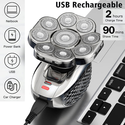 Rechargeable Men Bald Head Shaver with 9 Floating Blades, Beard, Nose & Ear Trimmer, Electric Razor, Facial Grooming kit