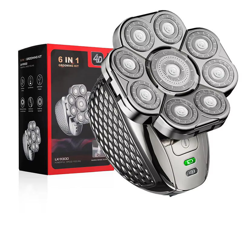 Rechargeable Men Bald Head Shaver with 9 Floating Blades, Beard, Nose & Ear Trimmer, Electric Razor, Facial Grooming kit