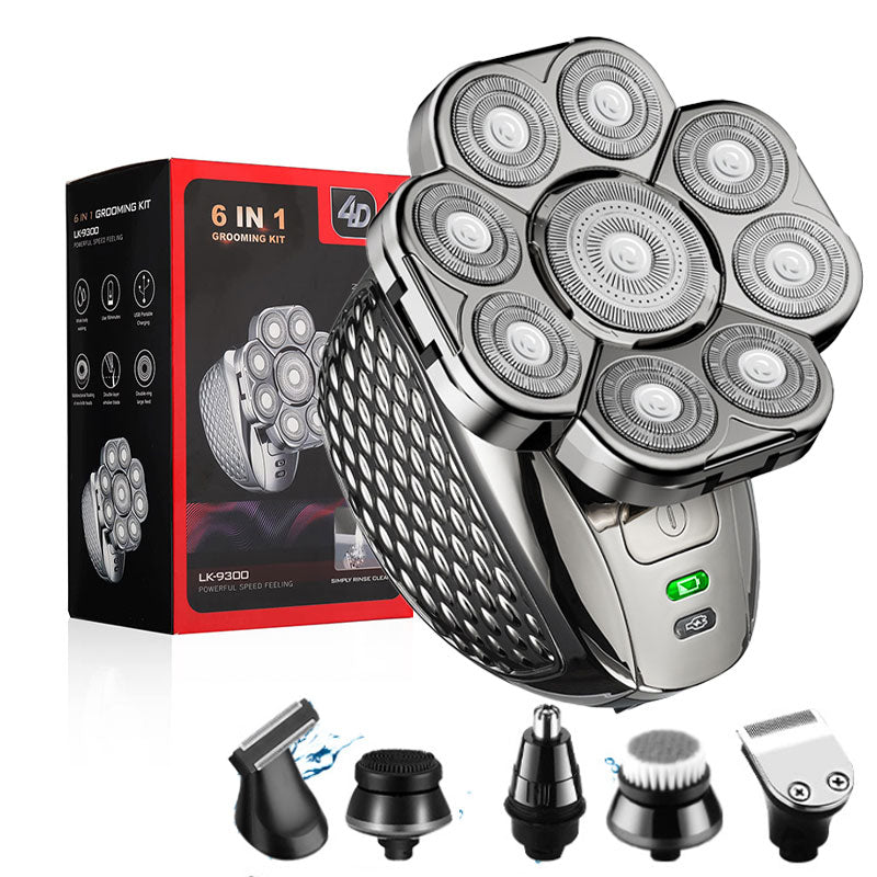 Rechargeable Men Bald Head Shaver with 9 Floating Blades, Beard, Nose & Ear Trimmer, Electric Razor, Facial Grooming kit