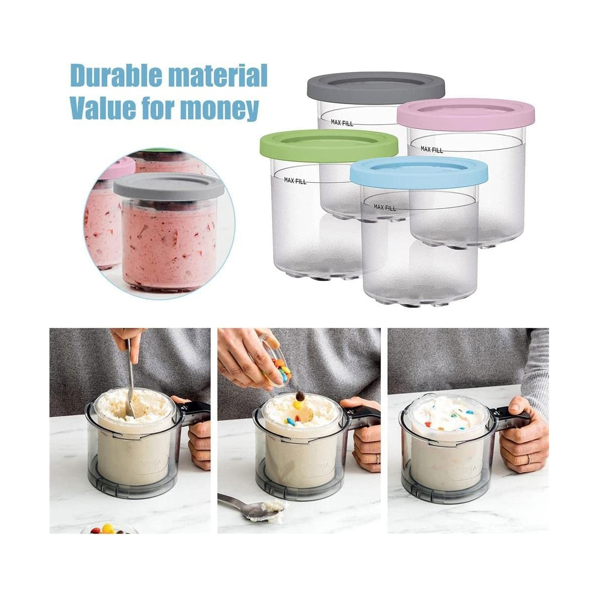 Ice Cream Containers with Lids for Ninja Creami, Reusable Ice Cream Pints Cup for Homemade Frozen Desserts