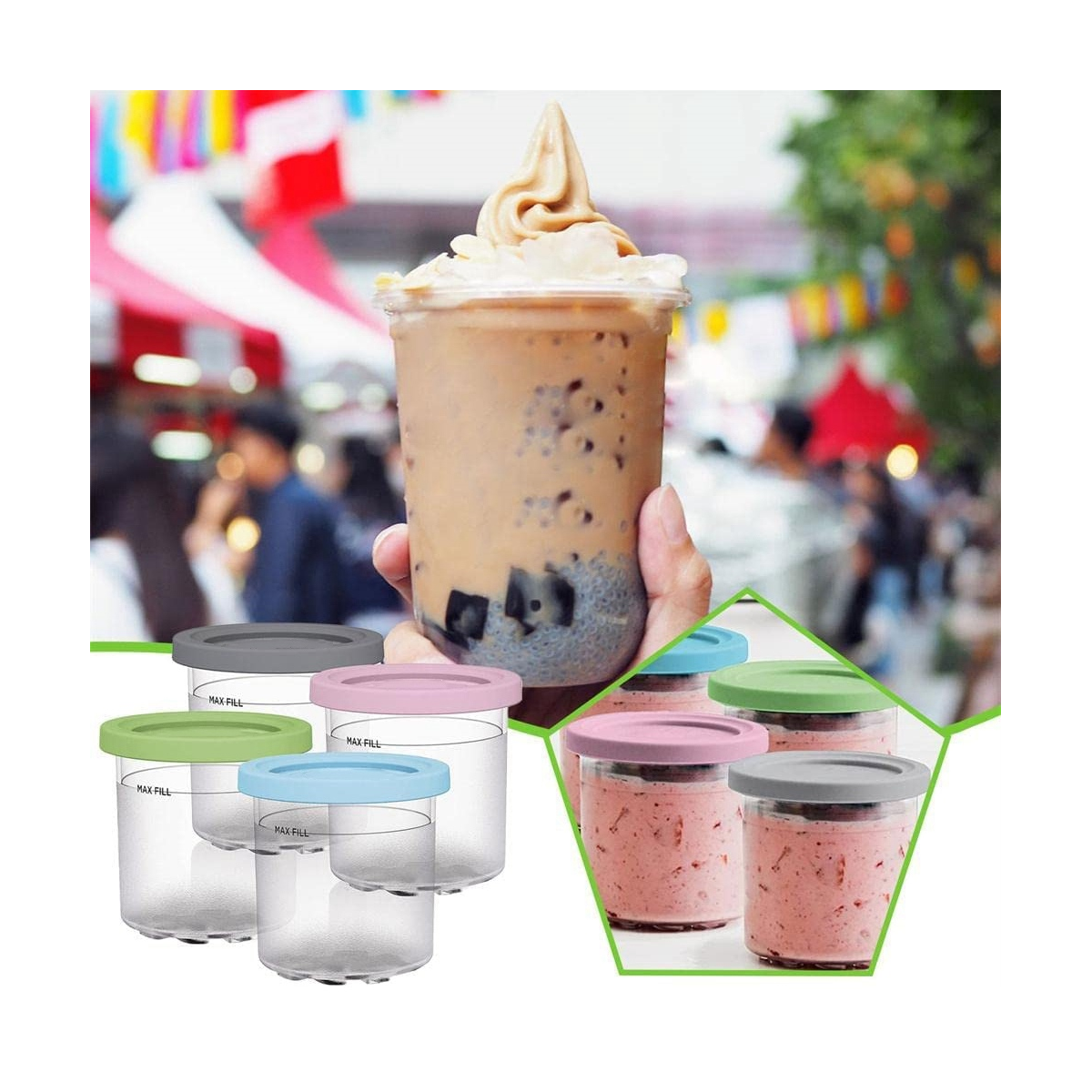 Ice Cream Containers with Lids for Ninja Creami, Reusable Ice Cream Pints Cup for Homemade Frozen Desserts