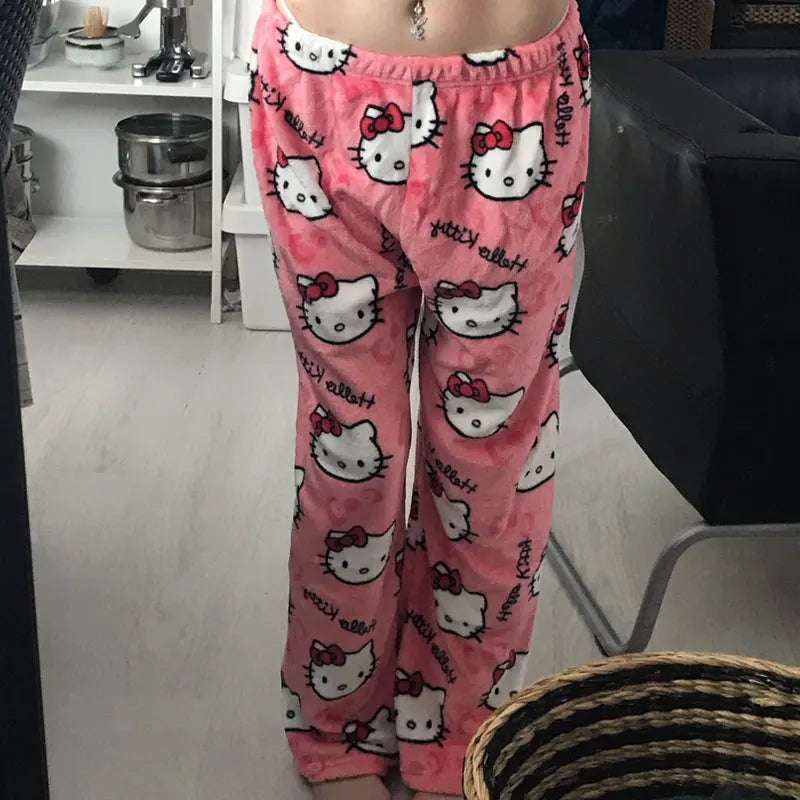 Sanrio Hello Kitty Pajama Pants for Women, Cute Cartoon Anime Sleepwear Trousers for Couples & Home Leisure