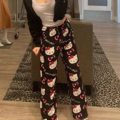 Sanrio Hello Kitty Pajama Pants for Women, Cute Cartoon Anime Sleepwear Trousers for Couples & Home Leisure
