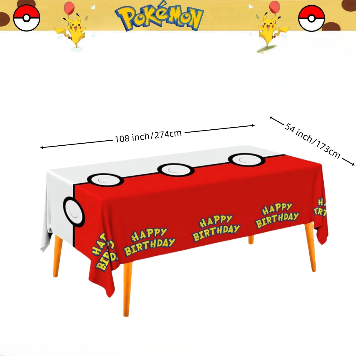 Pikachu Pokemon Tablecloth for Birthday Party Decorations, Disposable Table Cover for Kids Baby Shower, Cartoon Party