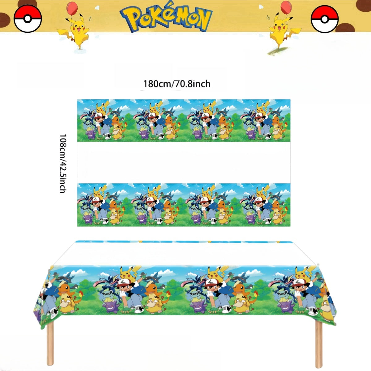 Pikachu Pokemon Tablecloth for Birthday Party Decorations, Disposable Table Cover for Kids Baby Shower, Cartoon Party