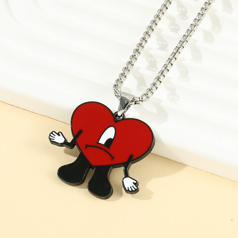 Bad Bunny Cosplay Necklace with Red Heart Pendant, Trendy Bad Rabbit Chain Jewelry Accessory, Cute Gift for Fans & Music