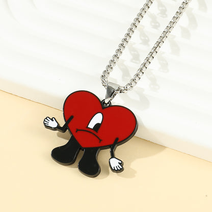 Bad Bunny Cosplay Necklace with Red Heart Pendant, Trendy Bad Rabbit Chain Jewelry Accessory, Cute Gift for Fans & Music