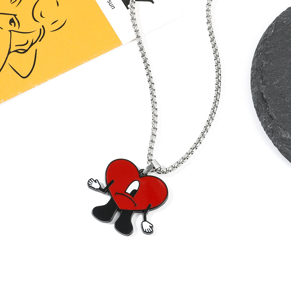 Bad Bunny Cosplay Necklace with Red Heart Pendant, Trendy Bad Rabbit Chain Jewelry Accessory, Cute Gift for Fans & Music