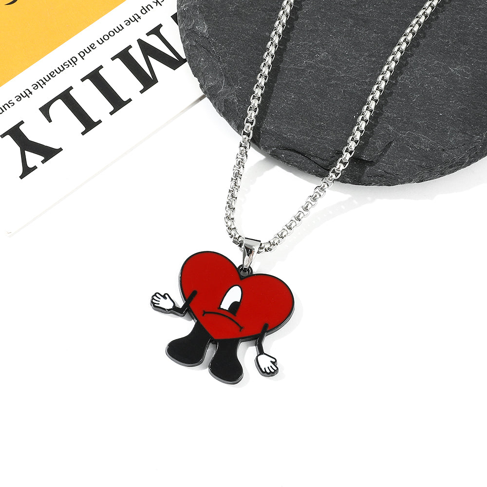 Bad Bunny Cosplay Necklace with Red Heart Pendant, Trendy Bad Rabbit Chain Jewelry Accessory, Cute Gift for Fans & Music