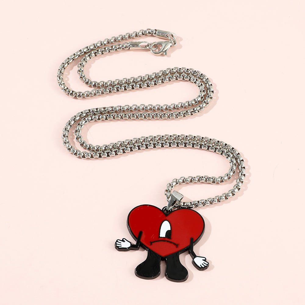 Bad Bunny Cosplay Necklace with Red Heart Pendant, Trendy Bad Rabbit Chain Jewelry Accessory, Cute Gift for Fans & Music