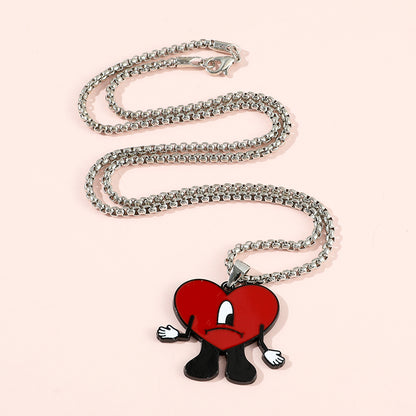 Bad Bunny Cosplay Necklace with Red Heart Pendant, Trendy Bad Rabbit Chain Jewelry Accessory, Cute Gift for Fans & Music