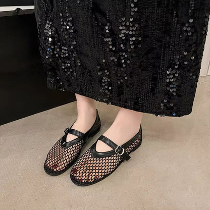 UrbanBreeze Mesh Mary Jane Flats Fishnet Buckle Strap and Round Toe Comfort Shoes