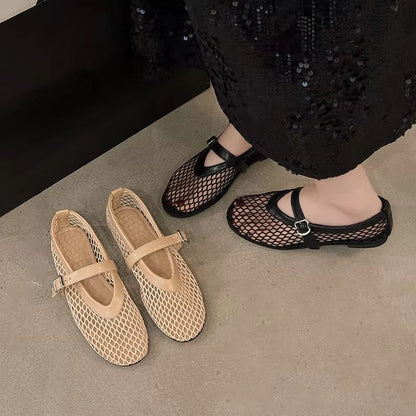 UrbanBreeze Mesh Mary Jane Flats Fishnet Buckle Strap And Round Toe Comfort Shoes 1