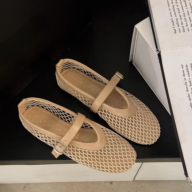 UrbanBreeze Mesh Mary Jane Flats Fishnet Buckle Strap And Round Toe Comfort Shoes 2