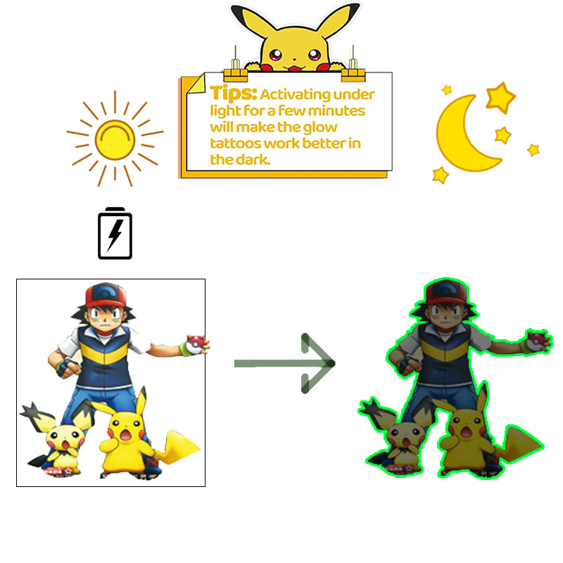 Pokemon Luminous Glow Tattoos, Pikachu Styles Temporary Stickers for Kids Party Supplies & Gift for Boys & Girls