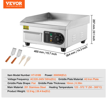 Electric Countertop Griddle Teppanyaki Grill, Stainless Steel Flat Top Grills for Pancakes, Chicken & Steak