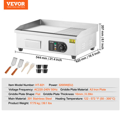 Electric Countertop Griddle Teppanyaki Grill, Stainless Steel Flat Top Grills for Pancakes, Chicken & Steak